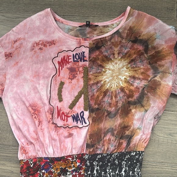 Desigual | Asymmetric Patch Print Dress / Make Love Not War / Floral Size 38 - Picture 7 of 16